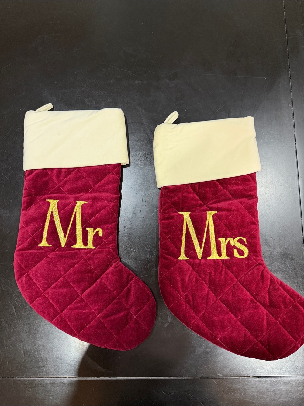 Mr & Mrs Velvet Christmas Stockings - Red with Cream Cuff